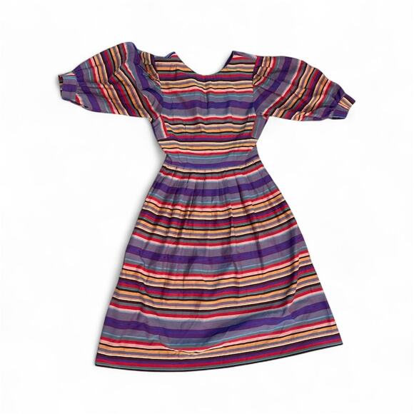 VINTAGE LANZ STRIPE LOW BACK POCKETS BALLOON SLEEVES DRESS SZ M/L - Picture 4 of 6